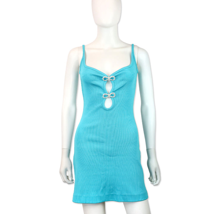 MACH & MACH Teal Ribbed Crystal Bow Mini Dress