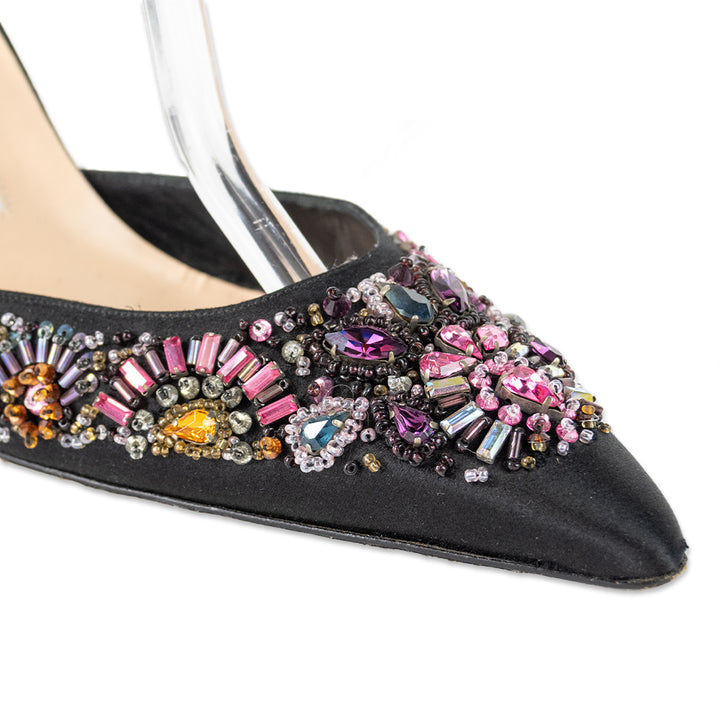 Manolo Blahnik Crystal Embellished Satin Pointed Toe Heels