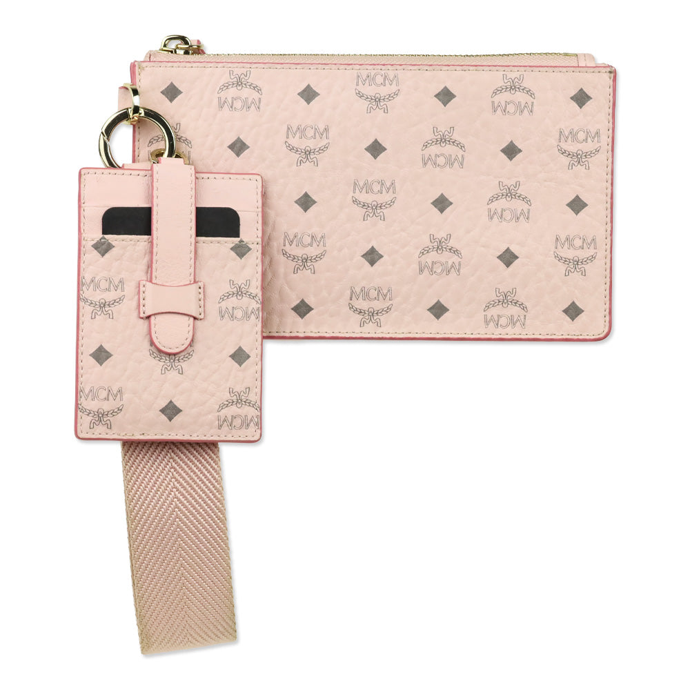 MCM Powder Pink Visetos Leather Cardholder Wristlet