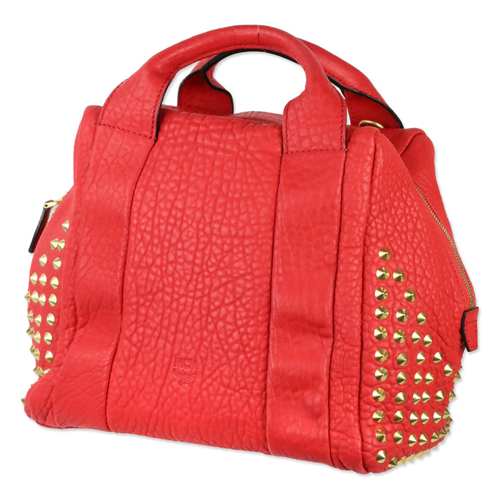 MCM Red Leather Keana Medium Boston Studded Satchel
