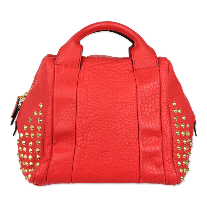 MCM Red Leather Keana Medium Boston Studded Satchel