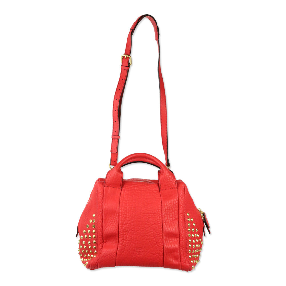 MCM Red Leather Keana Medium Boston Studded Satchel