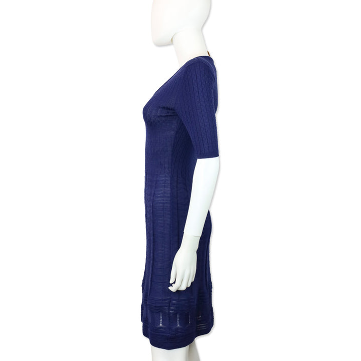 M Missoni Blue Ribbed Geometric Knit V-Neck Short Sleeve Midi Dress