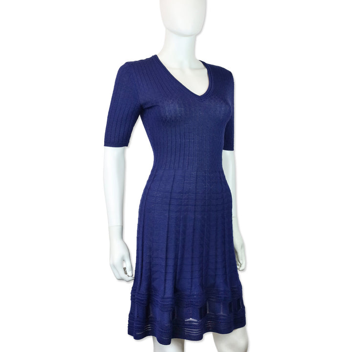 M Missoni Blue Ribbed Geometric Knit V-Neck Short Sleeve Midi Dress