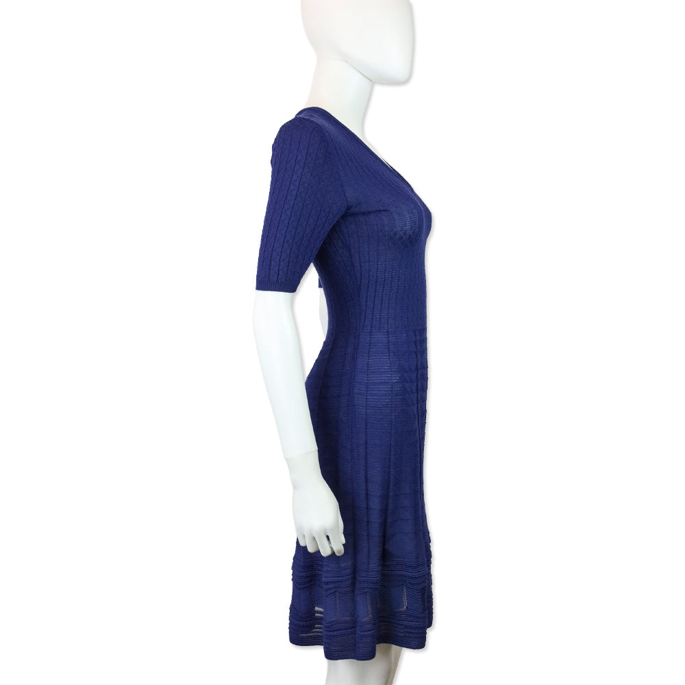 M Missoni Blue Ribbed Geometric Knit V-Neck Short Sleeve Midi Dress