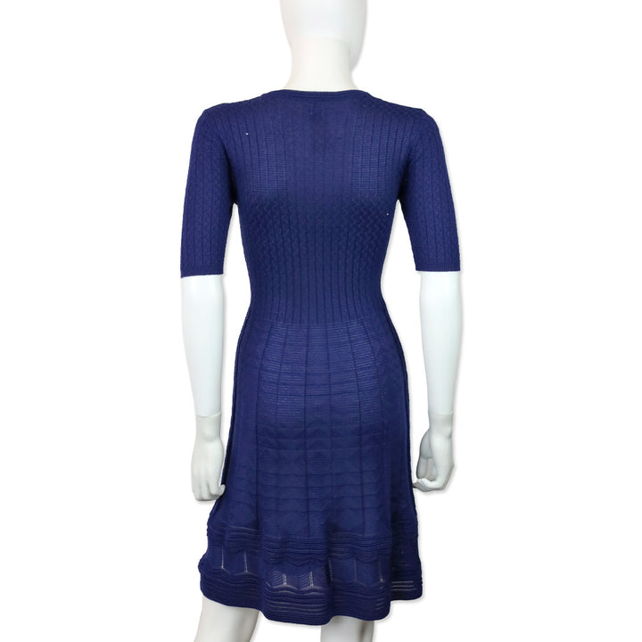 M Missoni Blue Ribbed Geometric Knit V-Neck Short Sleeve Midi Dress