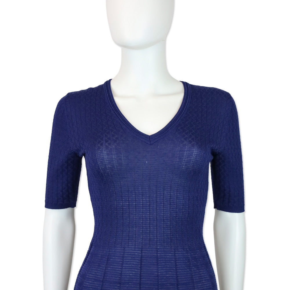 M Missoni Blue Ribbed Geometric Knit V-Neck Short Sleeve Midi Dress