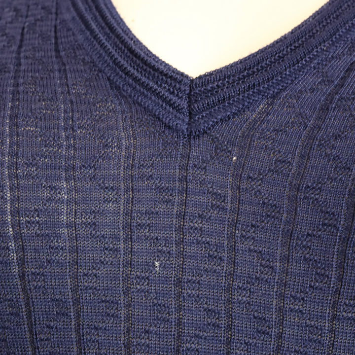 M Missoni Blue Ribbed Geometric Knit V-Neck Short Sleeve Midi Dress