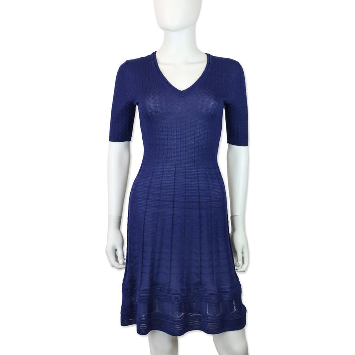 M Missoni Blue Ribbed Geometric Knit V-Neck Short Sleeve Midi Dress