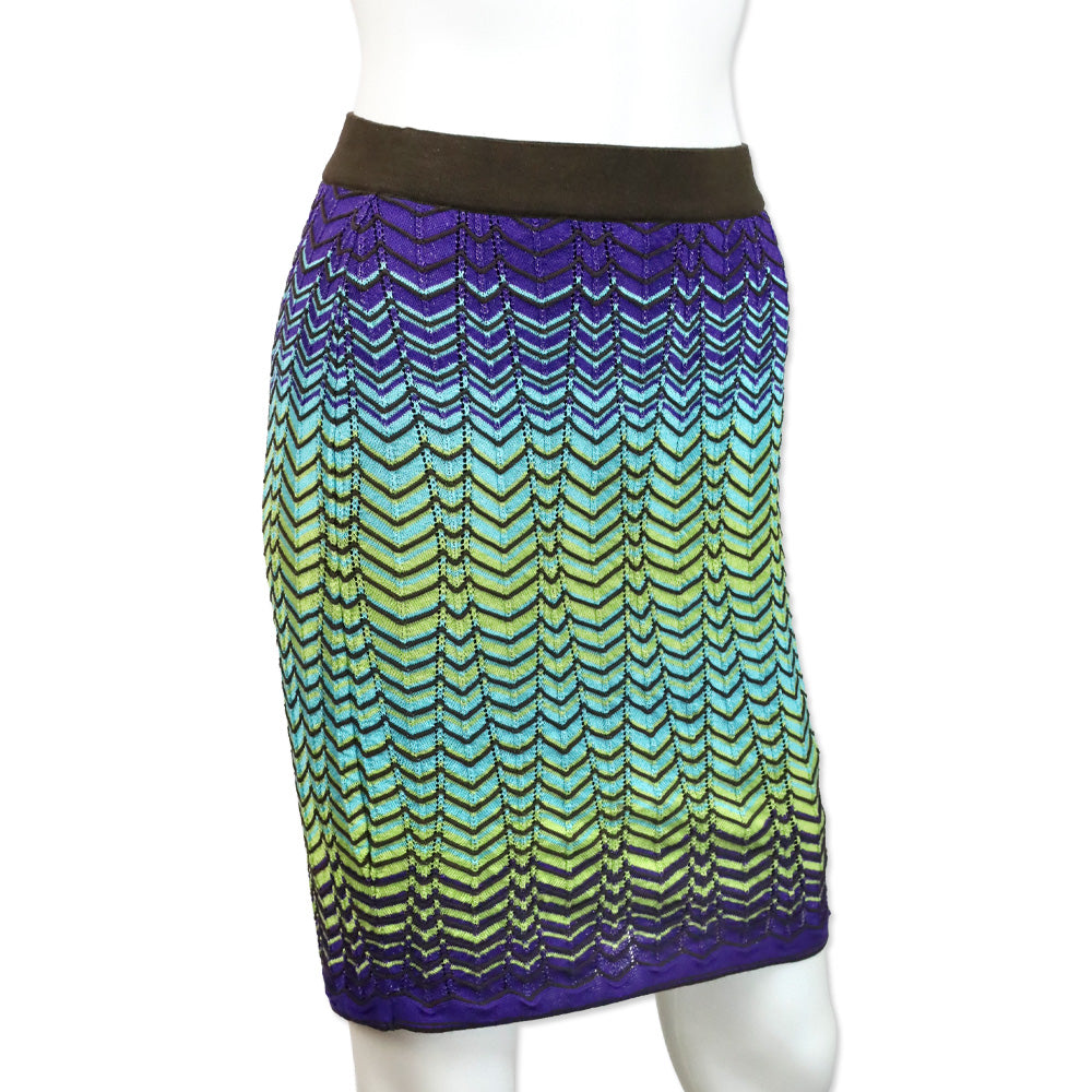 M Missoni Brown Multicolor Zig Zag Striped Knit Midi Skirt