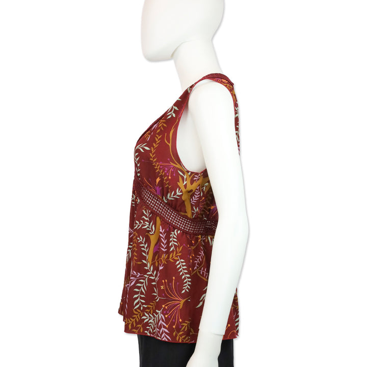 M Missoni Burgundy Leaf Print Knit Trim Sleeveless V-Neck Top