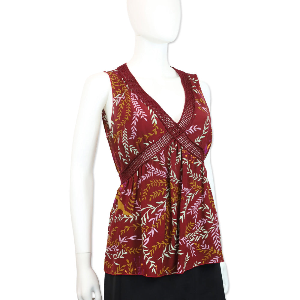 M Missoni Burgundy Leaf Print Knit Trim Sleeveless V-Neck Top