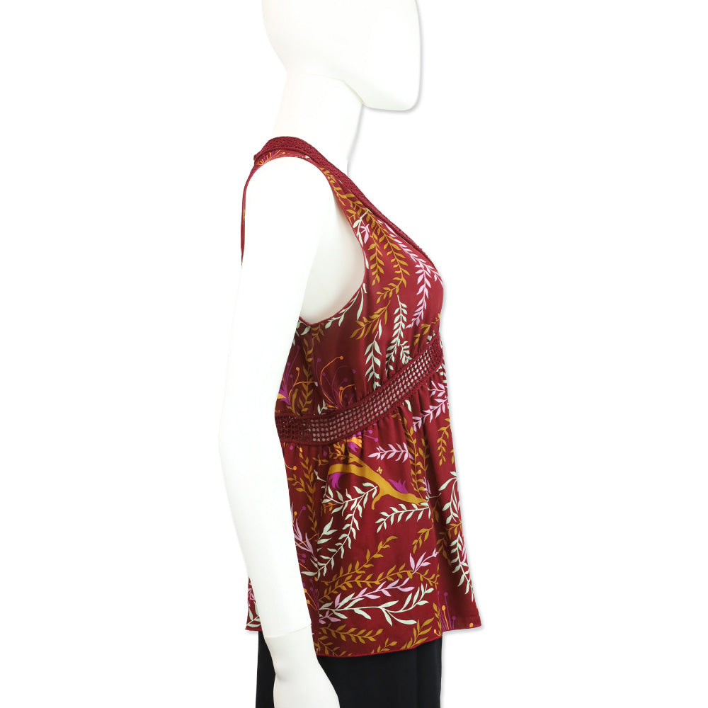 M Missoni Burgundy Leaf Print Knit Trim Sleeveless V-Neck Top