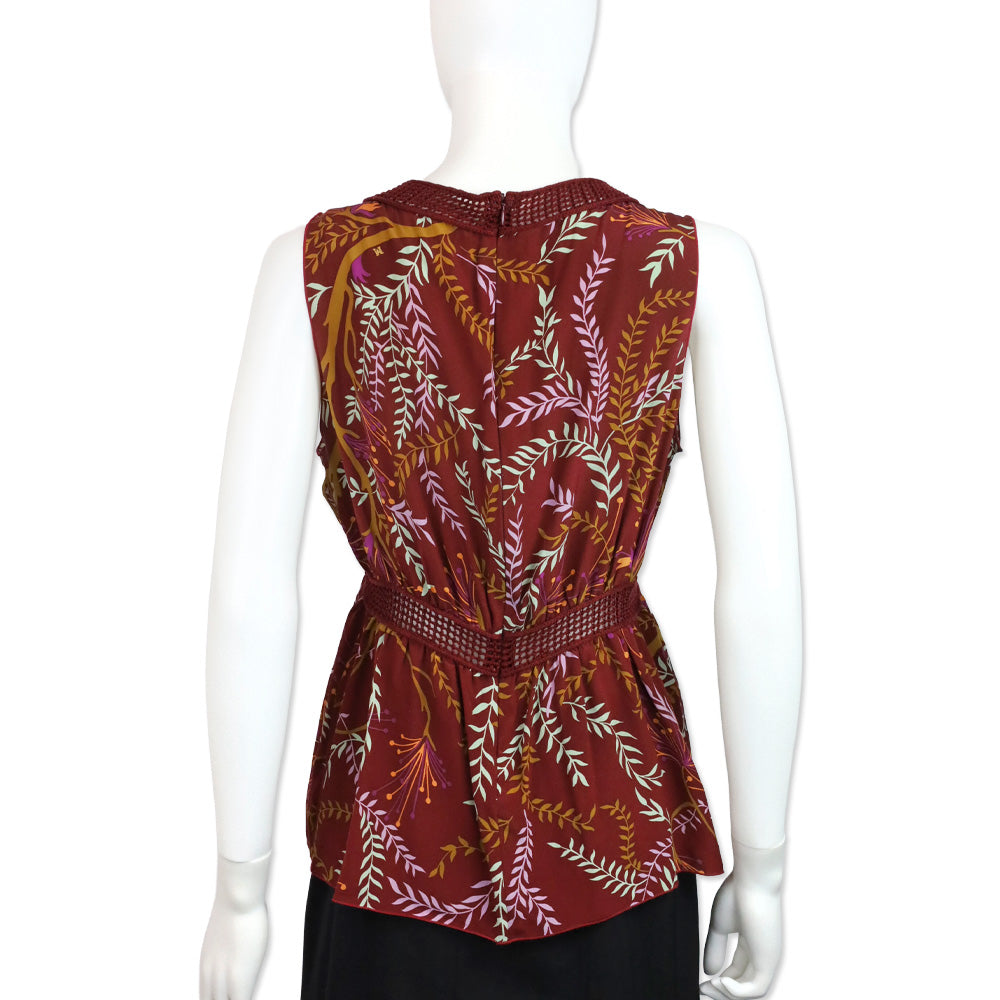 M Missoni Burgundy Leaf Print Knit Trim Sleeveless V-Neck Top