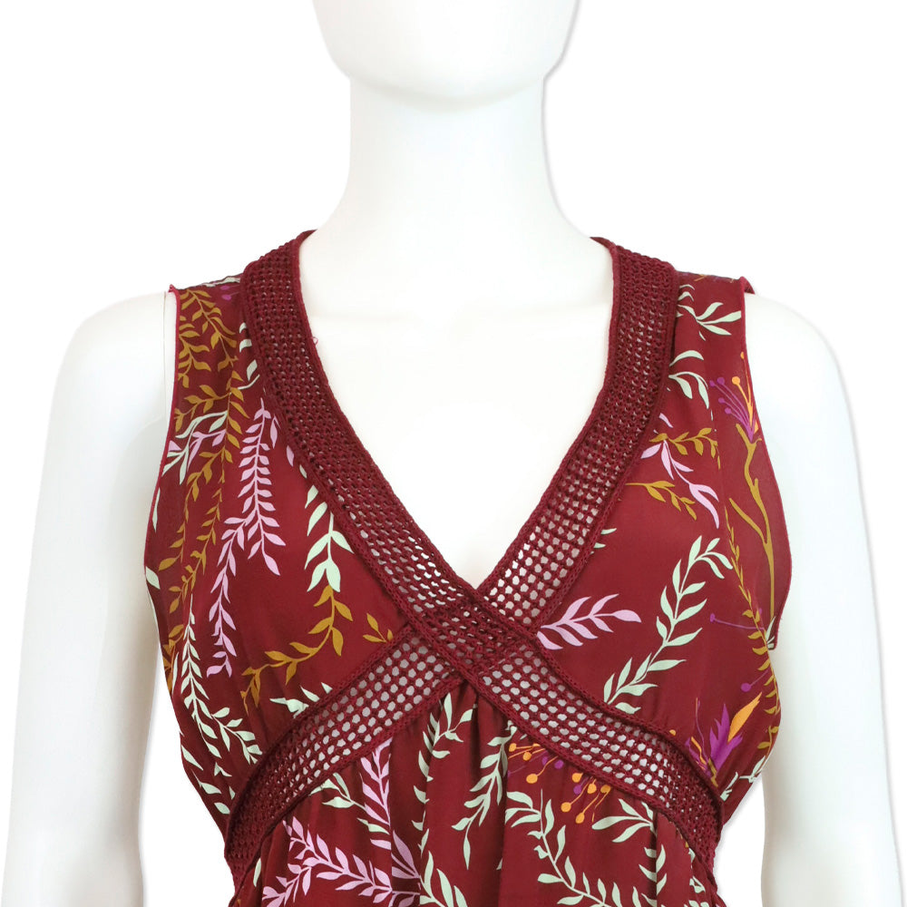 M Missoni Burgundy Leaf Print Knit Trim Sleeveless V-Neck Top