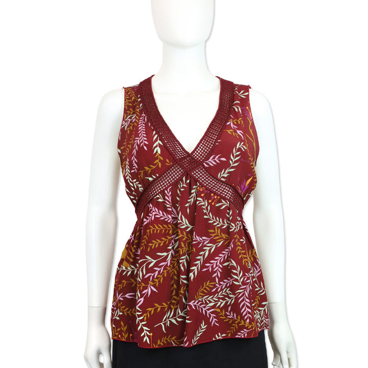 M Missoni Burgundy Leaf Print Knit Trim Sleeveless V-Neck Top