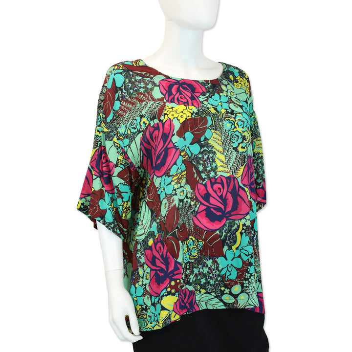 M Missoni Green Multi Floral Crepe Silk Short Sleeve Top