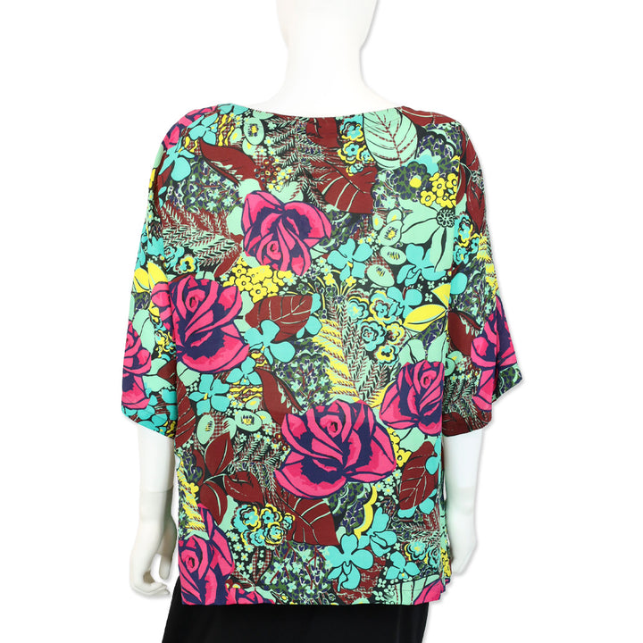 M Missoni Green Multi Floral Crepe Silk Short Sleeve Top