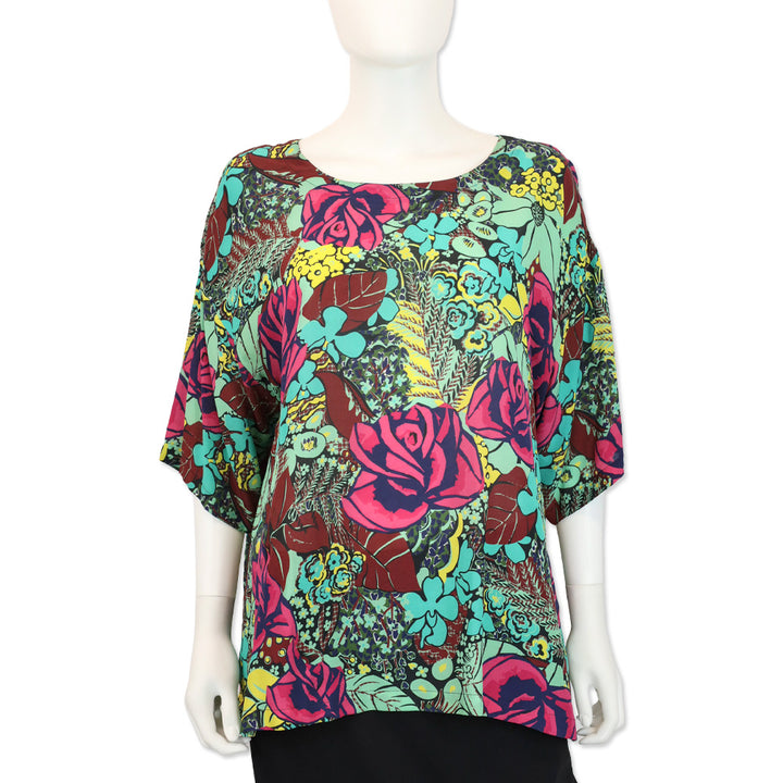 M Missoni Green Multi Floral Crepe Silk Short Sleeve Top