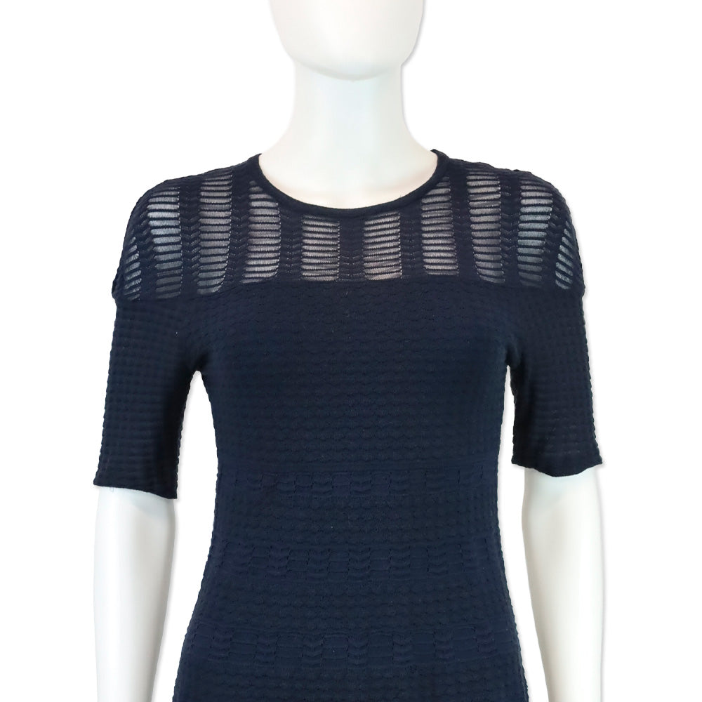 M Missoni Navy Pointelle Knit Short Sleeve Midi Dress