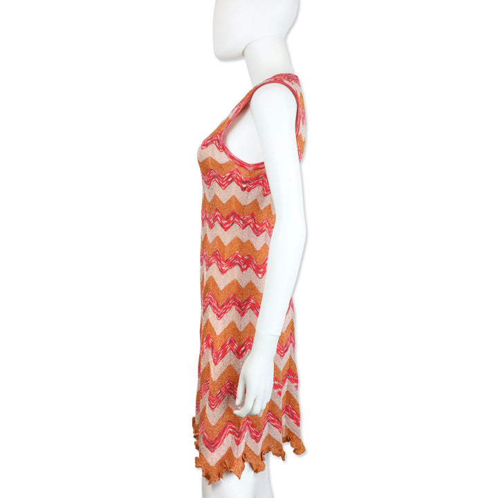 M Missoni Orange Metallic Multi Zigzag Knit V-Neck Sleeveless Midi Dress