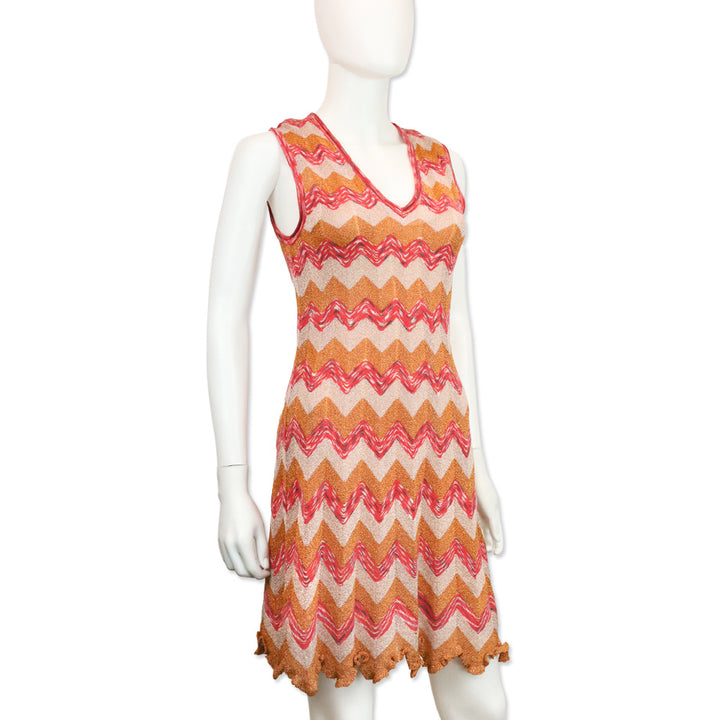 M Missoni Orange Metallic Multi Zigzag Knit V-Neck Sleeveless Midi Dress