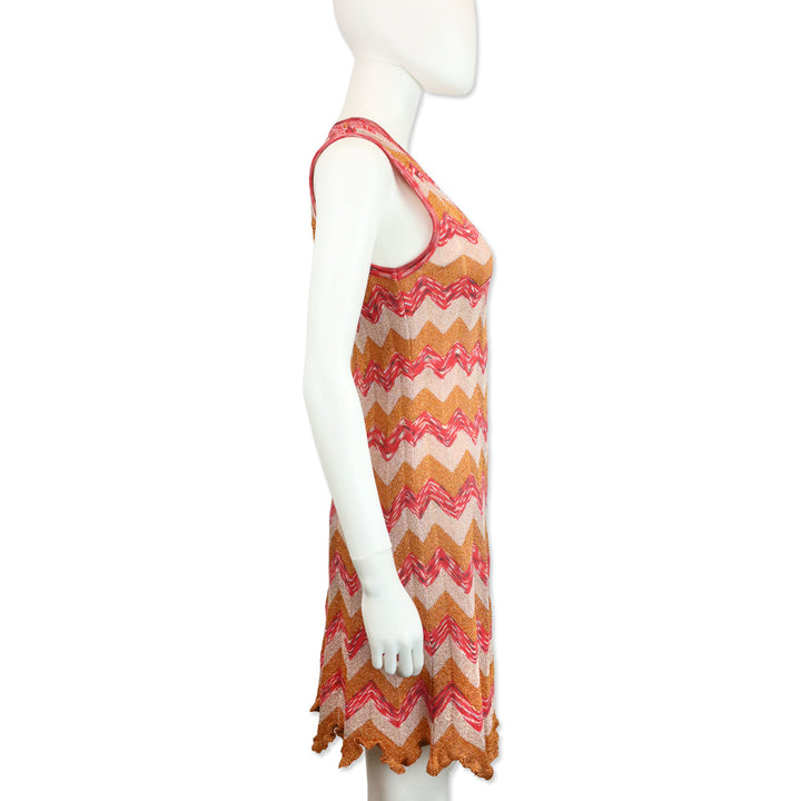 M Missoni Orange Metallic Multi Zigzag Knit V-Neck Sleeveless Midi Dress