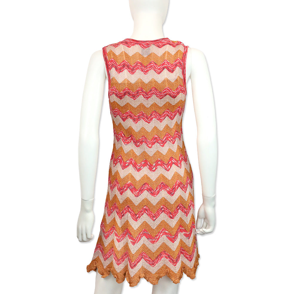 M Missoni Orange Metallic Multi Zigzag Knit V-Neck Sleeveless Midi Dress