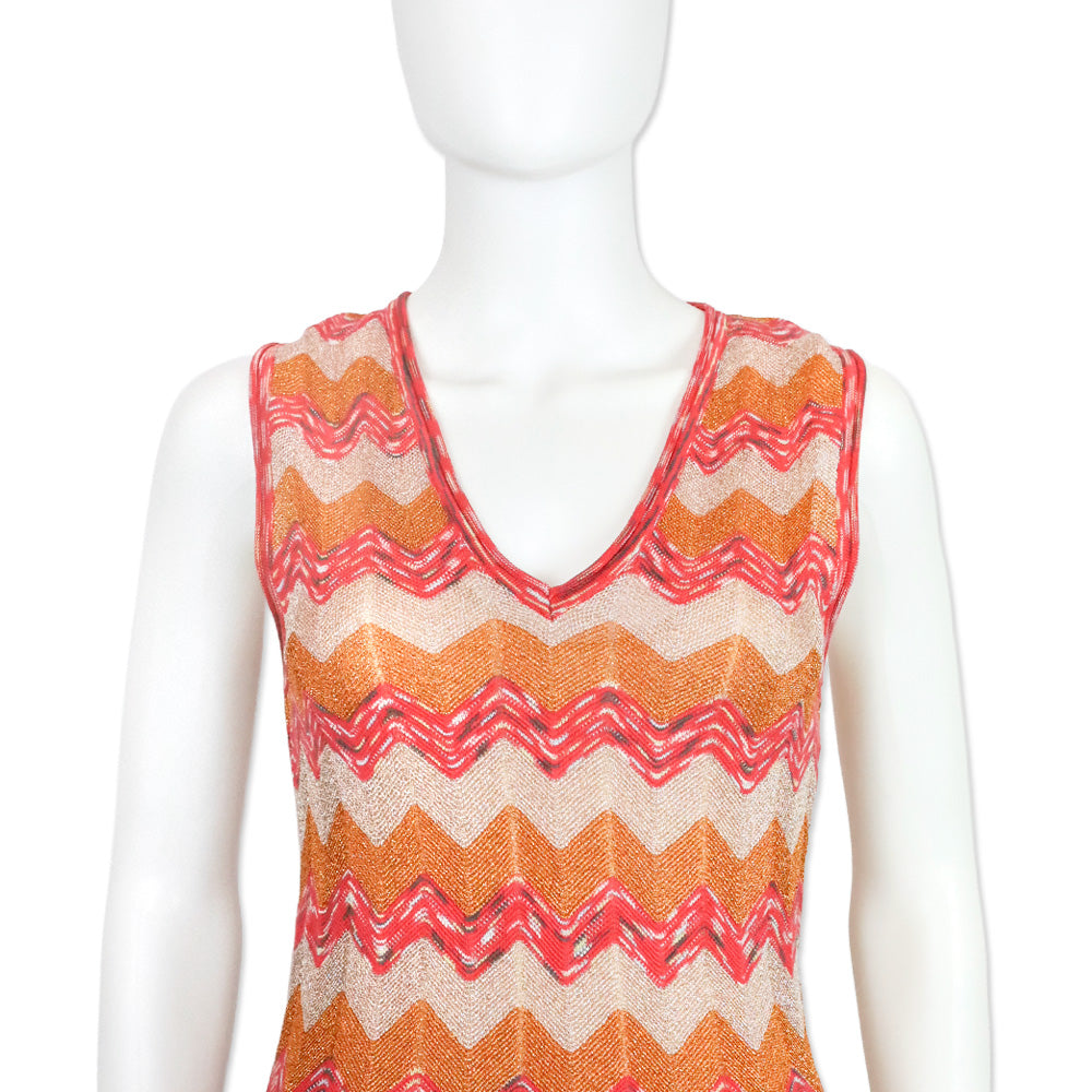 M Missoni Orange Metallic Multi Zigzag Knit V-Neck Sleeveless Midi Dress