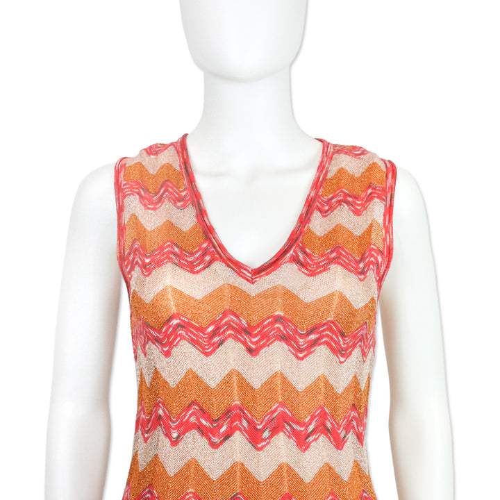 M Missoni Orange Metallic Multi Zigzag Knit V-Neck Sleeveless Midi Dress