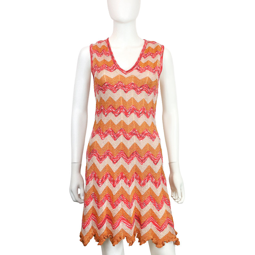 M Missoni Orange Metallic Multi Zigzag Knit V-Neck Sleeveless Midi Dress