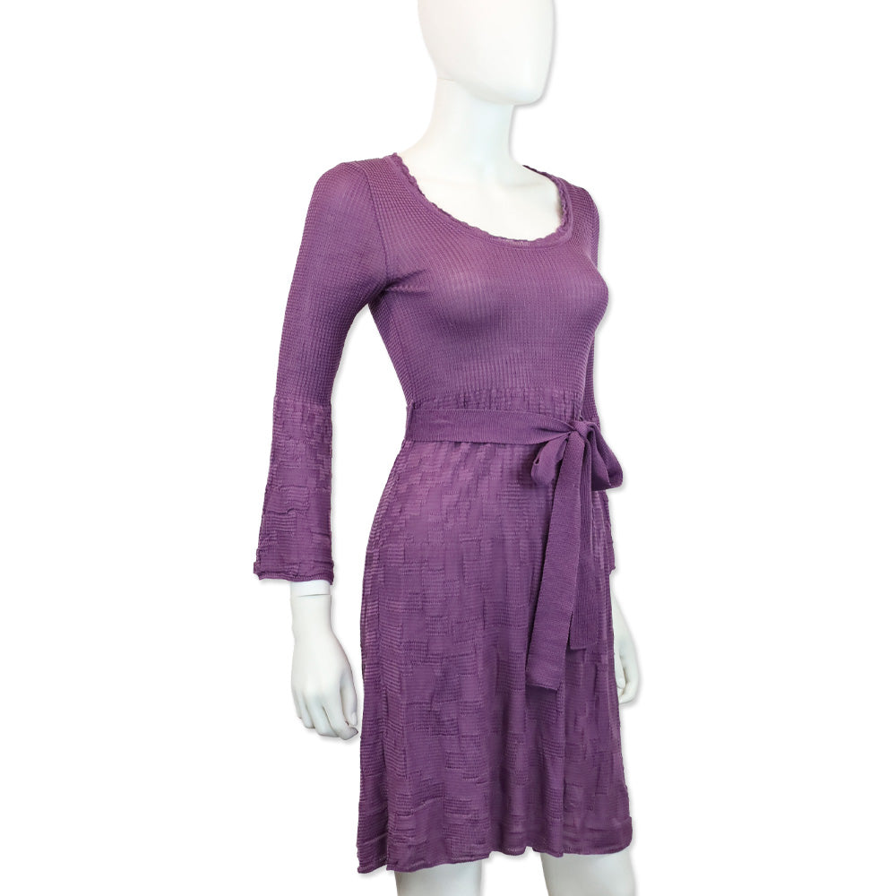 M Missoni Purple Wool Blend Knit Belted Long Sleeve Dress