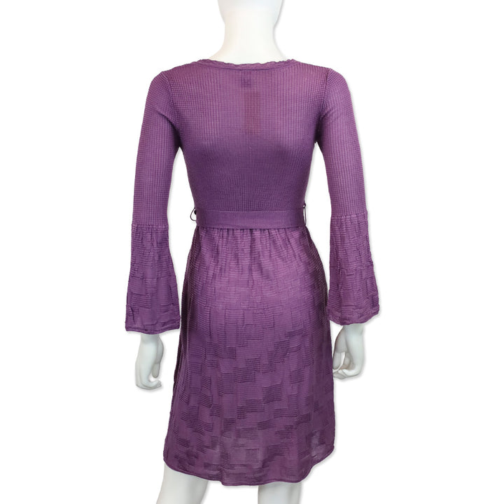 M Missoni Purple Wool Blend Knit Belted Long Sleeve Dress