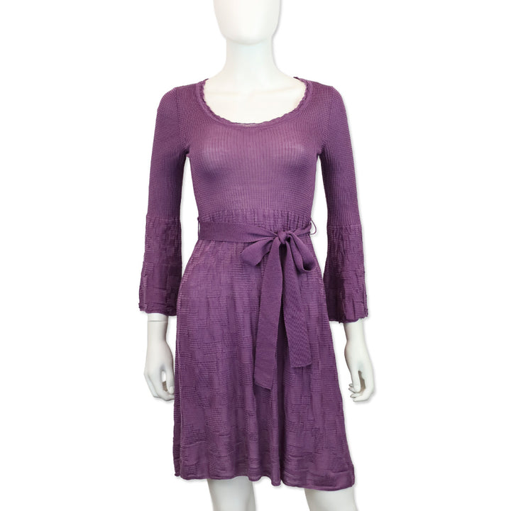M Missoni Purple Wool Blend Knit Belted Long Sleeve Dress
