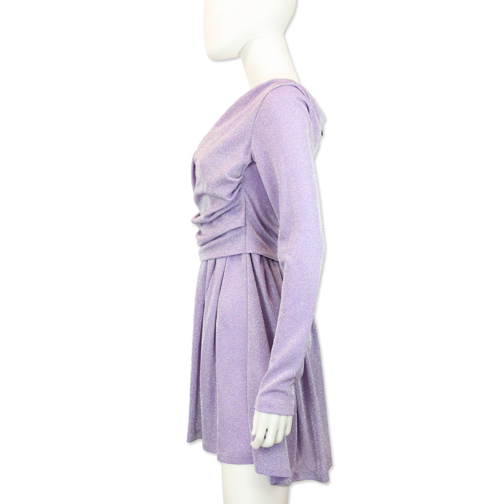 MSGM Lilac-Purple Lurex Long-Sleeved Gathered Mini dress