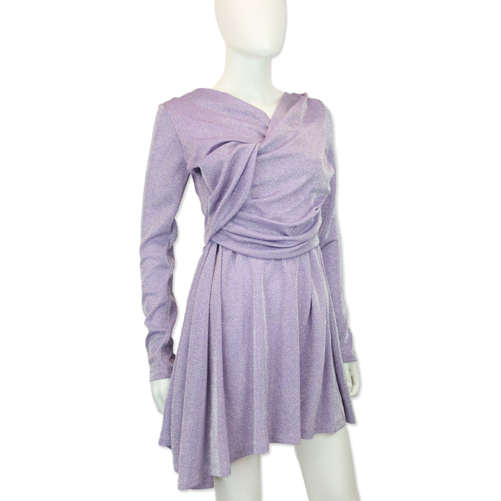 MSGM Lilac-Purple Lurex Long-Sleeved Gathered Mini dress