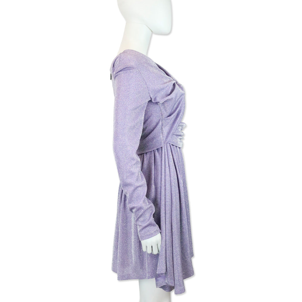 MSGM Lilac-Purple Lurex Long-Sleeved Gathered Mini dress