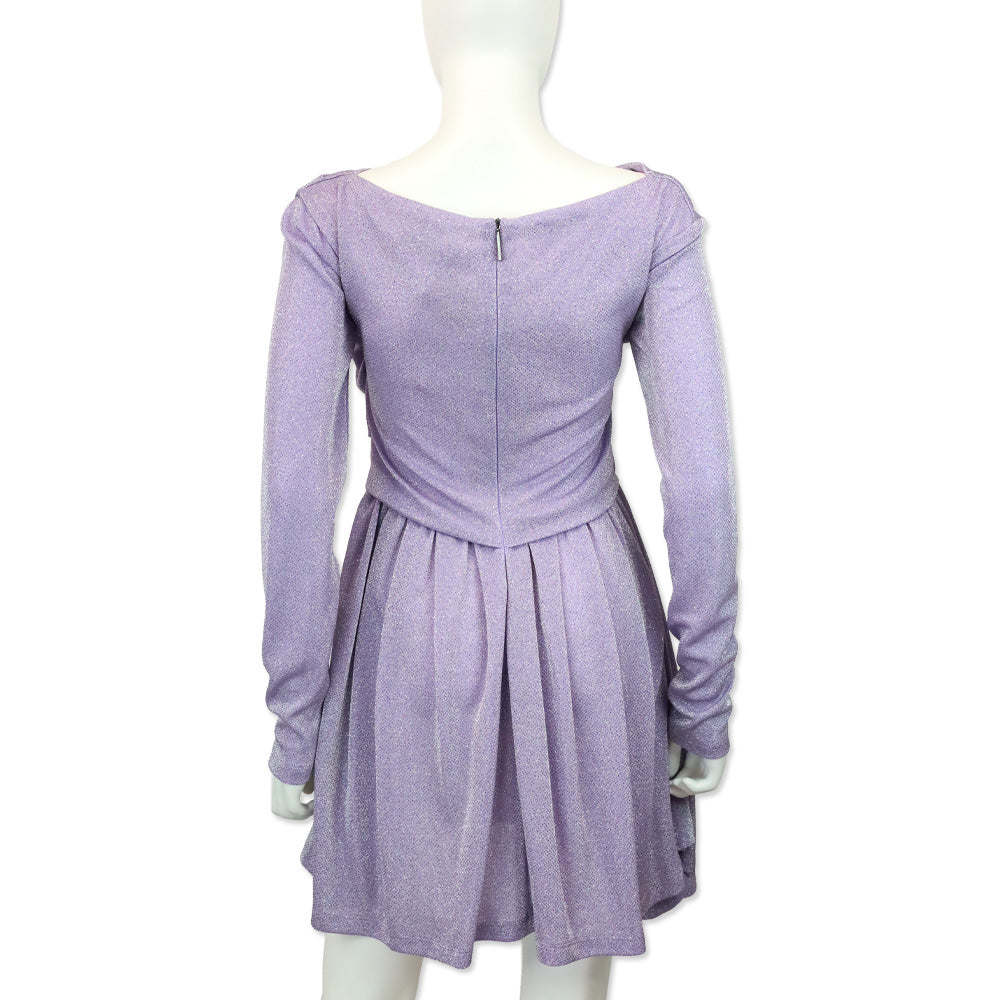 MSGM Lilac-Purple Lurex Long-Sleeved Gathered Mini dress