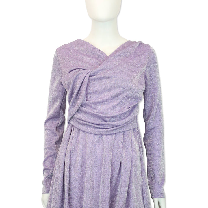 MSGM Lilac-Purple Lurex Long-Sleeved Gathered Mini dress