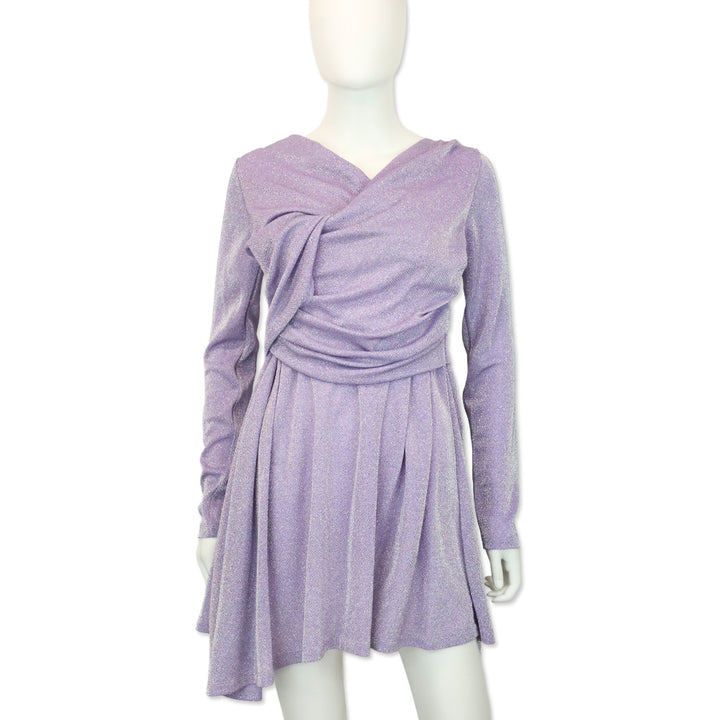 MSGM Lilac-Purple Lurex Long-Sleeved Gathered Mini dress