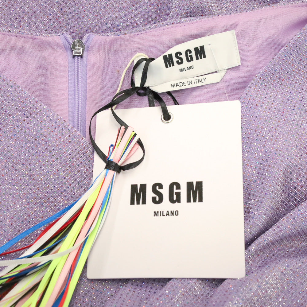 MSGM Lilac-Purple Lurex Long-Sleeved Gathered Mini dress