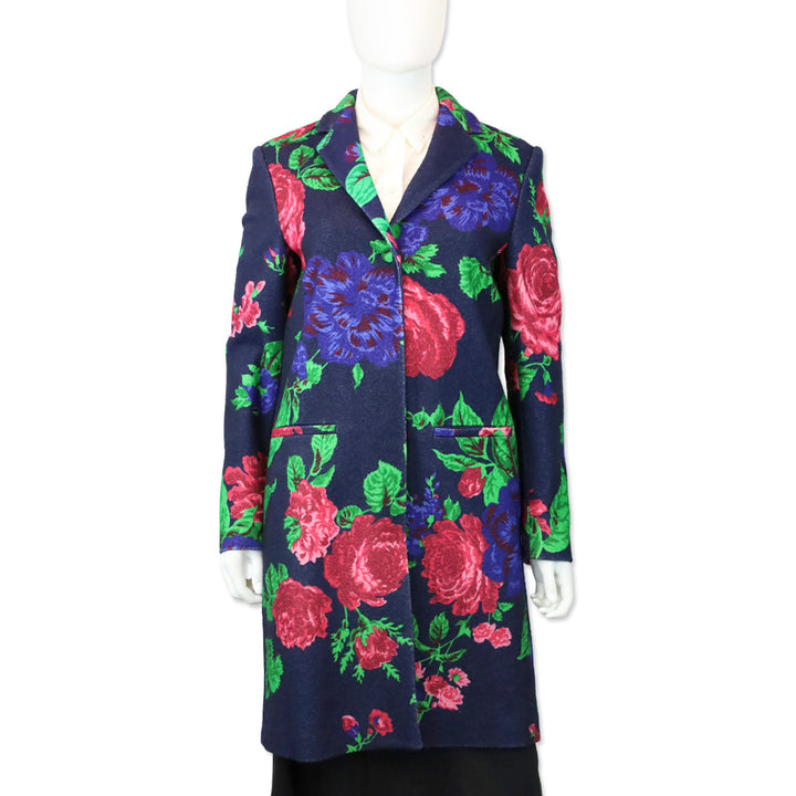 MSGM Navy Floral Print Wool Overcoat