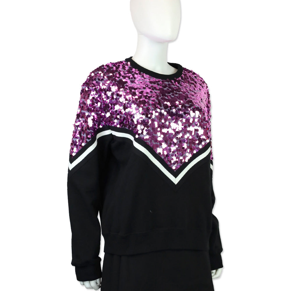 MSGM Pink Sequin Embellished Black Cotton Crewneck Sweatshirt