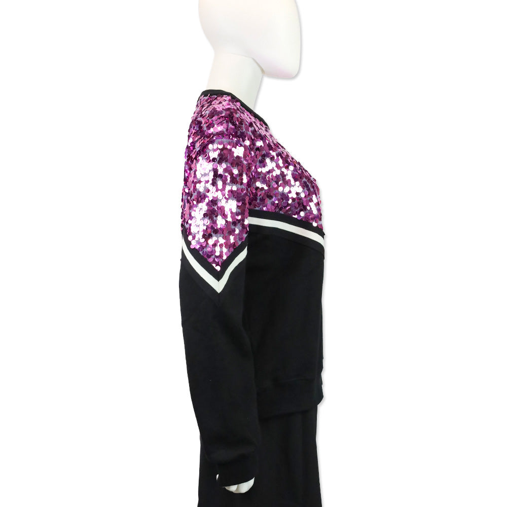 MSGM Pink Sequin Embellished Black Cotton Crewneck Sweatshirt