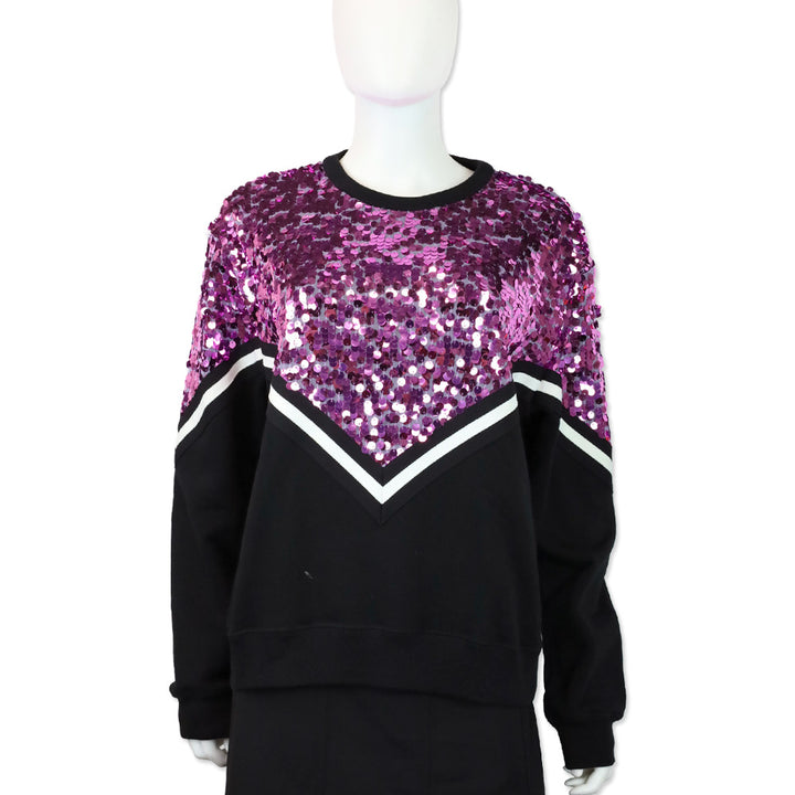 MSGM Pink Sequin Embellished Black Cotton Crewneck Sweatshirt