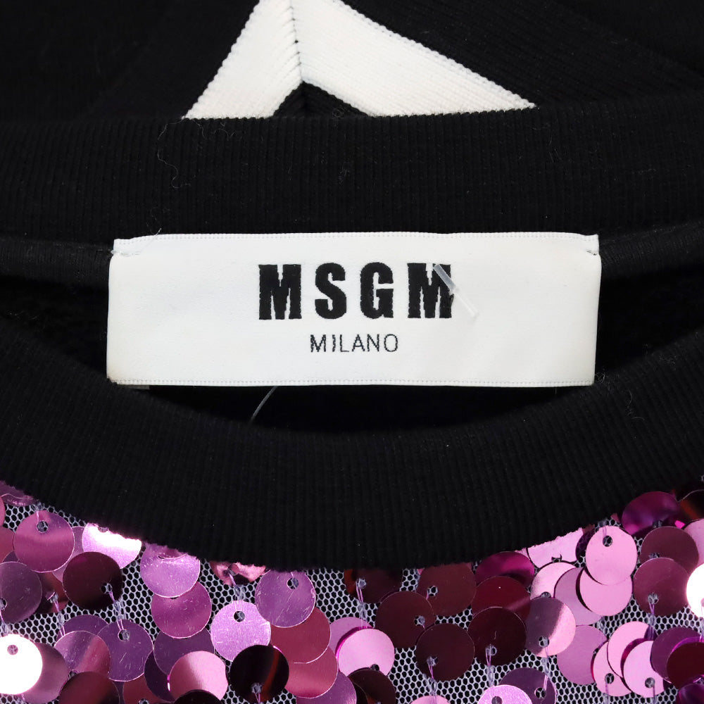MSGM Pink Sequin Embellished Black Cotton Crewneck Sweatshirt