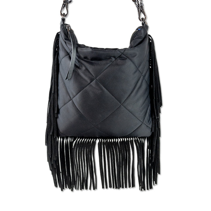 MZ Wallace Black Nylon Quilted Suede Fringe Madison Flat Crossbody