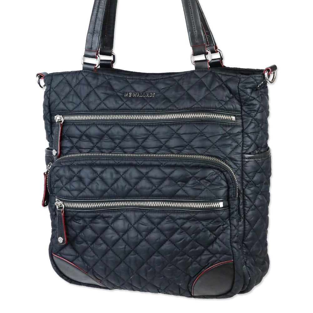 MZ Wallace Black Quilted Nylon Leather Trim Medium Crosby Tote