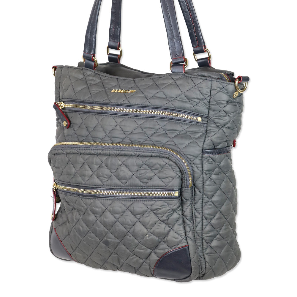 MZ Wallace Gray Quilted Nylon Leather Trim Medium Crosby Tote