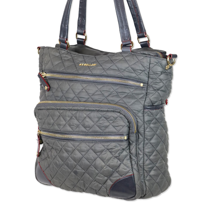 MZ Wallace Gray Quilted Nylon Leather Trim Medium Crosby Tote